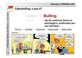 Seminário: CYBERBULLING
VSemanaAbertadaInfânciaeJuventude
Cyberbulling: o que é?
3
Cyber + Bulling
ato de violência física ou
psicológica praticados por
um indivíduo…
Virtual
Físico – Verbal – Gestual – Exclusão - Extorsão
 