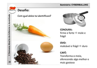 Seminário: CYBERBULLING
VSemanaAbertadaInfânciaeJuventude
Desafio:
30
Com qual deles te identificas?
CENOURA:
firme e forte  mole e 
frágil
OVO:
maleável e frágil  duro
CAFÉ:
Transforma o meio, 
oferecendo algo melhor e 
mais gostoso
 