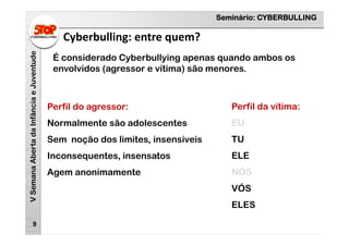 Seminário: CYBERBULLING
VSemanaAbertadaInfânciaeJuventude
Cyberbulling: entre quem?
9
É considerado Cyberbullying apenas quando ambos os
envolvidos (agressor e vítima) são menores.
Perfil do agressor:
Normalmente são adolescentes
Sem noção dos limites, insensíveis
Inconsequentes, insensatos
Agem anonimamente
Perfil da vítima:
EU
TU
ELE
NÓS
VÓS
ELES
 