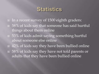 StatisticsIn a recent survey of 1500 eighth graders:58% of kids say that someone has said hurtful things about them online53% of kids admit saying something hurtful about someone else online42% of kids say they have been bullied online58% of kids say they have not told parents or adults that they have been bullied online