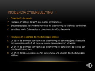 INCIDENCIA CYBERBULLYING I
•   Presentación del estudio
 Realizado en Octubre del 2011 a un total de 2.084 alumnos
 Encuesta realizada para medir la incidencia del cyberbullying por teléfono y por Internet.
 Variables a medir: Quien realiza el cyberacoso, duración y frecuencia


•   Resultados en el apartado de cyberbullying por teléfono
A. Un 25,4% del alumnado son víctimas de cyberbullying por personas ajena a la escuela
   con una duración entre 3 a 6 meses y con una frecuencia entre 1 y 3 veces.
B. Un 27,4% del alumnado son víctimas de cyberbullying por compañeros de escuela con
   una duración de un mes.
C. Un 37,4% de los encuestados, no han sufrido nunca una situación de cyberbullying por
   teléfono
 