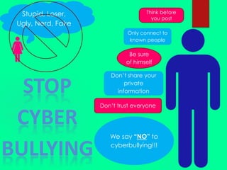 Stupid, Loser, 
Ugly, Nerd, Fake 
Think before 
you post 
Only connect to 
known people 
Be sure 
of himself 
Don’t share your 
private 
information 
Don’t trust everyone 
We say “NO” to 
cyberbullying!!! 
STOP 
CYBER 
BULLYING 
