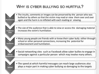 WHY IS CYBER BULLYING SO HURTFUL?
Permanence
• The insults, comments or images can be preserved by the person who was
bullied or by others so that the victim may read or view them over and over
again and the harm is re-inflicted with each reading or viewing.
Audience
Size
• The size of the audience that is able to view or access the damaging material
increases the victim’s humiliation.
Familiarity
• Many young people are friends with or know their cyber bully either through
school or other personal connections, increasing the potential for
embarrassment and humiliation.
Social
Networking
• Social networking sites such as Facebook allow cyber bullies to engage in
campaigns against a particular person which may involve many others.
Speed
• The speed at which harmful messages can reach large audiences also
plays a major part in making cyber bullying so damaging to the targets
 