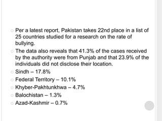  Per a latest report, Pakistan takes 22nd place in a list of
25 countries studied for a research on the rate of
bullying.
 The data also reveals that 41.3% of the cases received
by the authority were from Punjab and that 23.9% of the
individuals did not disclose their location.
 Sindh – 17.8%
 Federal Territory – 10.1%
 Khyber-Pakhtunkhwa – 4.7%
 Balochistan – 1.3%
 Azad-Kashmir – 0.7%
 