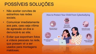 POSSÍVEIS SOLUÇÕES
• Não aceitar convites de
estranhos nas redes
sociais;
• Comunicar imediatamente
aos pais, caso seja vítima
de agressão on-line e
denunciá-lo ao site;
• Evitar que exponham fotos
e vídeos pessoais na rede,
que possam vir a ser
usados para montagens
maldosas;
 