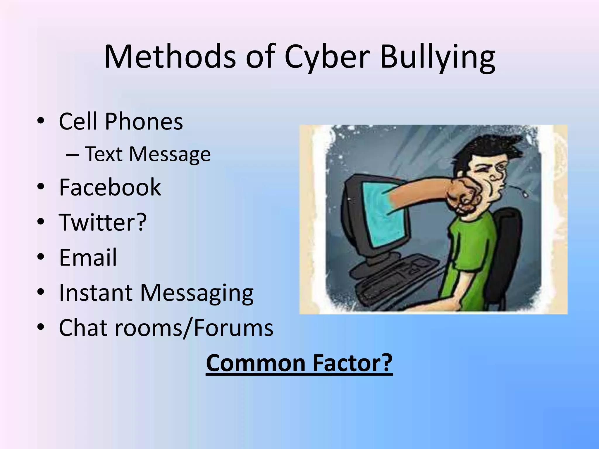 Methods of Cyber Bullying
• Cell Phones
– Text Message
• Facebook
• Twitter?
• Email
• Instant Messaging
• Chat rooms/Forums
Common Factor?
 