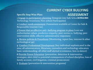 CURRENT CYBER BULLYING
ASSESSMENT
(Willard, 2005)
Specific Step Wise Plan:
1 Engage in participatory planning {Integrate into Safe Schools. District
Technology Awareness; Non-school Participants}
2 Conduct needs assessment {Assessment available at Center for Safe &
Responsible Internet Use}
3 Ensure that an effective anti--bullying program in place {core not
authoritarian values; predictive empathy; peer norms vs. bullying; peer
intervention skills, effective administrative responses}
4 Review policies & Procedures {Monitoring, report box, internet & other
technological pp}
5 Conduct Professional Development {key individual sophisticated in the
area; all administrators, librarians, counselors and technology educators
basic understanding; all other staff alerted to existence, how to detect}
6 Provide Parent Education {prevention, detection & intervention
strategies; alert child to potential consequences of school discipline, loss of
family account, civil litigation, criminal prosecution}
7 Evaluate {prevention & intervention programs}
 