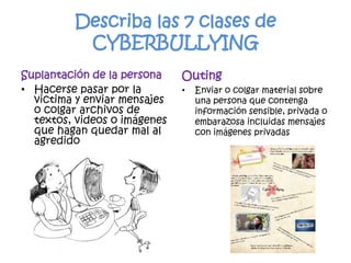 Describa las 7 clases de CYBERBULLYING Suplantación de la personaOutingHacerse pasar por la victima y enviar mensajes o colgar archivos de textos, videos o imágenes que hagan quedar mal al agredidoEnviar o colgar material sobre una persona que contenga información sensible, privada o embarazosa incluidas mensajes con imágenes privadas