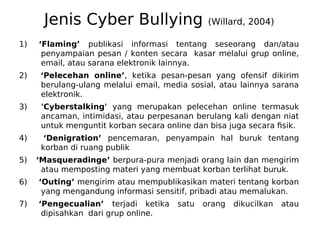 Jenis Cyber Bullying (Willard, 2004)
1) ‘Flaming’ publikasi informasi tentang seseorang dan/atau
penyampaian pesan / konten secara kasar melalui grup online,
email, atau sarana elektronik lainnya.
2) ‘Pelecehan online’, ketika pesan-pesan yang ofensif dikirim
berulang-ulang melalui email, media sosial, atau lainnya sarana
elektronik.
3) 'Cyberstalking' yang merupakan pelecehan online termasuk
ancaman, intimidasi, atau perpesanan berulang kali dengan niat
untuk menguntit korban secara online dan bisa juga secara fisik.
4) ‘Denigration’ pencemaran, penyampain hal buruk tentang
korban di ruang publik
5) ‘Masqueradinge’ berpura-pura menjadi orang lain dan mengirim
atau memposting materi yang membuat korban terlihat buruk.
6) ‘Outing’ mengirim atau mempublikasikan materi tentang korban
yang mengandung informasi sensitif, pribadi atau memalukan.
7) ‘Pengecualian’ terjadi ketika satu orang dikucilkan atau
dipisahkan dari grup online.
 