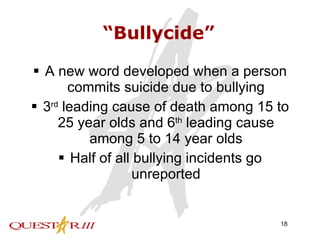 “Bullycide” A new word developed when a person commits suicide due to bullying 3 rd  leading cause of death among 15 to 25 year olds and 6 th  leading cause among 5 to 14 year olds Half of all bullying incidents go unreported 