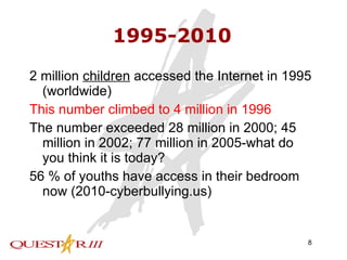 1995-2010 2 million  children  accessed the Internet in 1995 (worldwide)  This number climbed to 4 million in 1996  The number exceeded 28 million in 2000; 45 million in 2002; 77 million in 2005-what do you think it is today?  56 % of youths have access in their bedroom now (2010-cyberbullying.us) 
