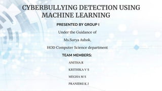 CYBERBULLYING DETECTION USING
MACHINE LEARNING
PRESENTED BY GROUP I
Under the Guidance of
Ms.Surya Ashok,
HOD Computer Science department
TEAM MEMBERS:
ANITHA R
KRITHIKA V S
MEGHA M S
PRANIDHI K J
 