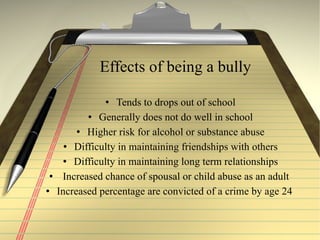 Effects of being a bully Tends to drops out of school Generally does not do well in school Higher risk for alcohol or substance abuse Difficulty in maintaining friendships with others Difficulty in maintaining long term relationships Increased chance of spousal or child abuse as an adult  Increased percentage are convicted of a crime by age 24  
