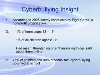 Cyberbullying Insight According to 2006 survey conducted by Fight Crime, a non-profit organization: 1/3 of teens ages 12 – 17 1/6 of all children ages 6 -11 Had mean, threatening or embarrassing things said  about them online 2. 45% of children and 30% of teens said cyberbullying occurred at school 
