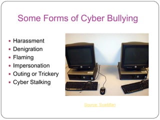 Some Forms of Cyber BullyingHarassmentDenigrationFlamingImpersonationOuting or TrickeryCyber StalkingSource: Svadilfari