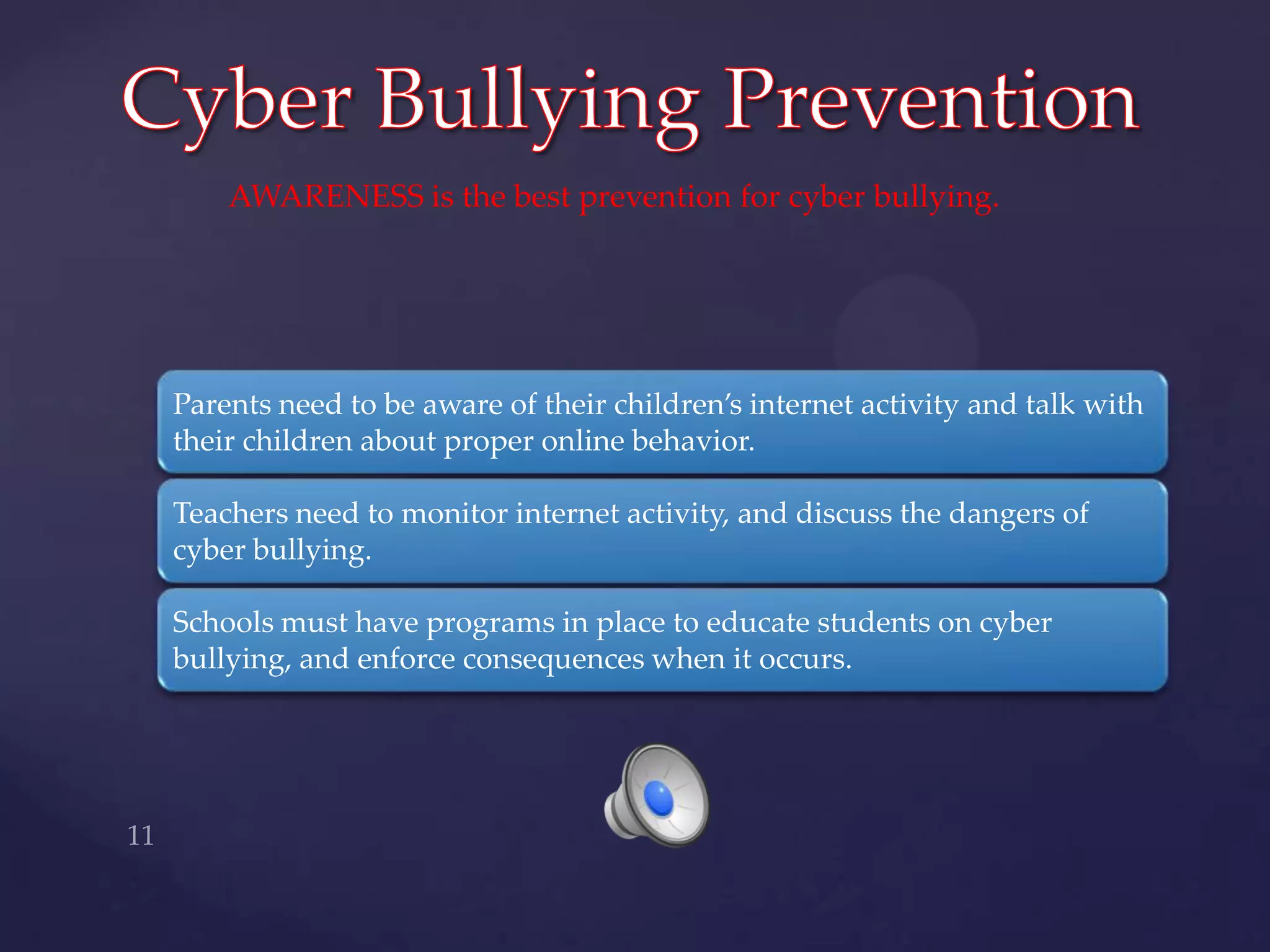 Cyber Bullying PreventionAWARENESS is the best prevention for cyber bullying.11