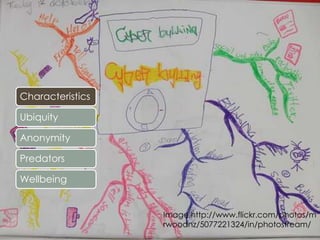 Characteristics

Ubiquity

Anonymity

Predators

Wellbeing


                  Image:http://www.flickr.com/photos/m
                  rwoodnz/5077221324/in/photostream/
 