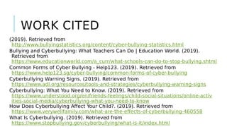 WORK CITED
(2019). Retrieved from
http://www.bullyingstatistics.org/content/cyber-bullying-statistics.html
Bullying and Cyberbullying: What Teachers Can Do | Education World. (2019).
Retrieved from
https://www.educationworld.com/a_curr/what-schools-can-do-to-stop-bullying.shtml
Common Forms of Cyber Bullying - Help123. (2019). Retrieved from
https://www.help123.sg/cyber-bullying/common-forms-of-cyber-bullying
Cyberbullying Warning Signs. (2019). Retrieved from
https://www.adl.org/resources/tools-and-strategies/cyberbullying-warning-signs
Cyberbullying: What You Need to Know. (2019). Retrieved from
https://www.understood.org/en/friends-feelings/child-social-situations/online-activ
ities-social-media/cyberbullying-what-you-need-to-know
How Does Cyberbullying Affect Your Child?. (2019). Retrieved from
https://www.verywellfamily.com/what-are-the-effects-of-cyberbullying-460558
What Is Cyberbullying. (2019). Retrieved from
https://www.stopbullying.gov/cyberbullying/what-is-it/index.html
 