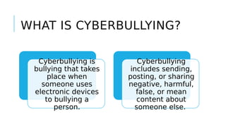 WHAT IS CYBERBULLYING?
Cyberbullying is
bullying that takes
place when
someone uses
electronic devices
to bullying a
person.
Cyberbullying
includes sending,
posting, or sharing
negative, harmful,
false, or mean
content about
someone else.
 