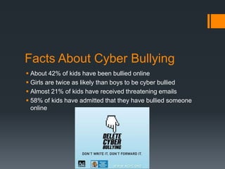 Facts About Cyber BullyingAbout 42% of kids have been bullied onlineGirls are twice as likely than boys to be cyber bulliedAlmost 21% of kids have received threatening emails58% of kids have admitted that they have bullied someone online