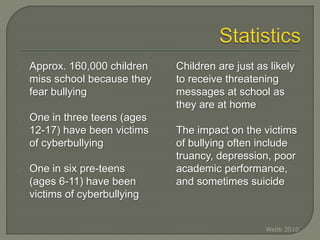 o Approx. 160,000 children
miss school because they
fear bullying
o One in three teens (ages
12-17) have been victims
of cyberbullying
o One in six pre-teens
(ages 6-11) have been
victims of cyberbullying
o Children are just as likely
to receive threatening
messages at school as
they are at home
o The impact on the victims
of bullying often include
truancy, depression, poor
academic performance,
and sometimes suicide
Webb 2010
 