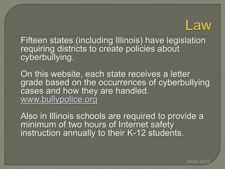 o Fifteen states (including Illinois) have legislation
requiring districts to create policies about
cyberbullying.
o On this website, each state receives a letter
grade based on the occurrences of cyberbullying
cases and how they are handled.
www.bullypolice.org
o Also in Illinois schools are required to provide a
minimum of two hours of Internet safety
instruction annually to their K-12 students.
Webb 2010
 