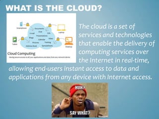 WHAT IS THE CLOUD?

                        The cloud is a set of
                        services and technologies
      ...