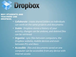 WHY STUDENTS AND
TEACHERS USE
DROPBOX:
        • Collaborate- create shared folders so individuals
          can work on t...