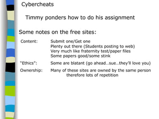 Cybercheats Timmy ponders how to do his assignment Some notes on the free sites: Content: Submit one/Get one Plenty out there (Students posting to web) Very much like fraternity test/paper files Some papers good/some stink “ Ethics”: Some are blatant (go ahead…sue…they’ll love you) Ownership: Many of these sites are owned by the same person therefore lots of repetition 