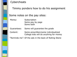Cybercheats Timmy ponders how to do his assignment Some notes on the pay sites: Money: Subscription Some pay by page Some both Guarantees: Some will  guarantee  the grade Content: Some prewritten/some individualized College kids will do anything for money “ Reminds me”: Of the ads in the back of Rolling Stone 