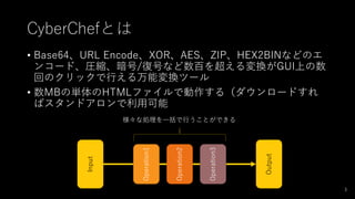CyberChefとは
• Base64、URL Encode、XOR、AES、ZIP、HEX2BINなどのエ
ンコード、圧縮、暗号/復号など数百を超える変換がGUI上の数
回のクリックで行える万能変換ツール
• 数MBの単体のHTMLファイル...