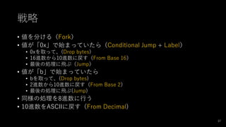 
? ֤루Fork
? 0xʼޤäƤ飨Conditional Jump + Label
? 0xȡäơ(Drop bytes)
? 16M10MˑFrom Base 16
? ΄Iw֣Jump
? bʼޤäƤ
? bȡäơ(Drop bytes)
? 2M10MˑFrom Base 2
? ΄Iw(Jump)
? ͬ΄I8MФ
? 10MASCIIˑFrom Decimal)
37
 