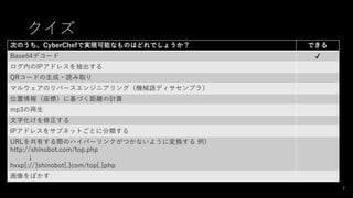 
ΤΤCyberChefǌgFܤʤΤϤɤǤ礦 Ǥ
Base64ǥ` ?
ڤIPɥ쥹
QR`ɤ?iȡ
ޥ륦ΥЩ`󥸥˥󥰣CеZǥ֥飩
λˣ˻ŤxӋ
mp3
ֻ
IPɥ쥹򥵥֥ͥåȤȤ˷
URLФHΥϥѩ`󥯤Ĥʤ褦ˉQ 
http://shinobot.com/top.php

hxxp[://]shinobot[.]com/top[.]php
ܤ
7
 