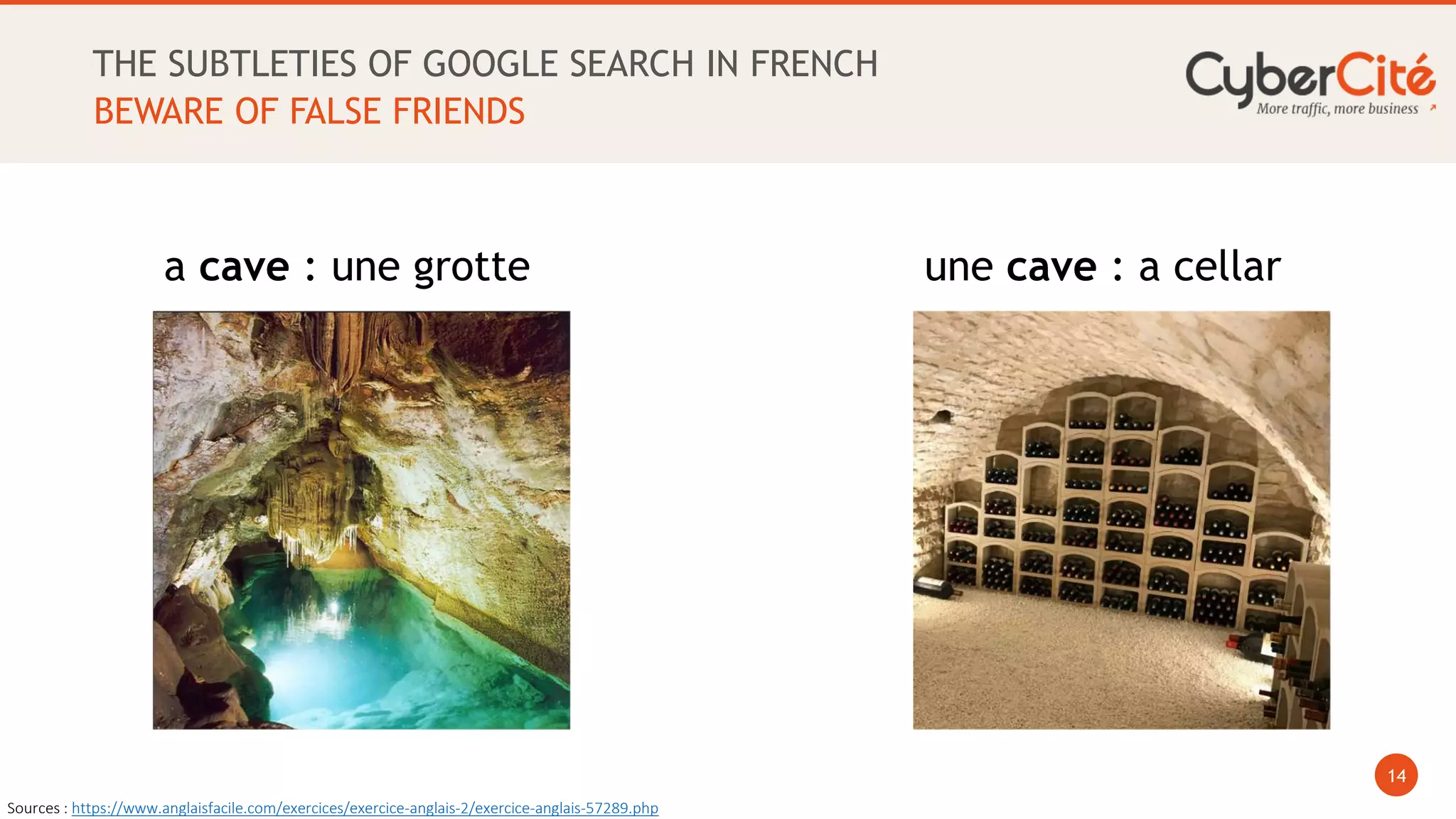 14
THE SUBTLETIES OF GOOGLE SEARCH IN FRENCH
BEWARE OF FALSE FRIENDS
a cave : une grotte une cave : a cellar
Sources : https://www.anglaisfacile.com/exercices/exercice-anglais-2/exercice-anglais-57289.php
 
