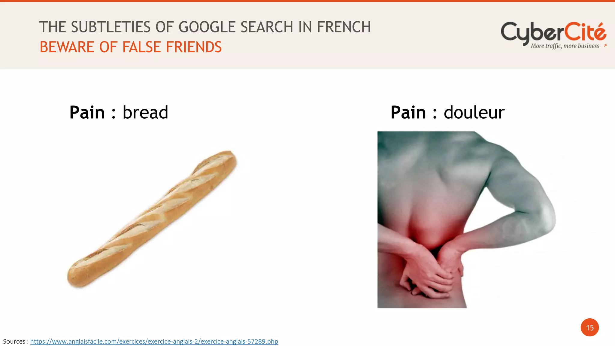 15
THE SUBTLETIES OF GOOGLE SEARCH IN FRENCH
BEWARE OF FALSE FRIENDS
Pain : bread Pain : douleur
Sources : https://www.anglaisfacile.com/exercices/exercice-anglais-2/exercice-anglais-57289.php
 