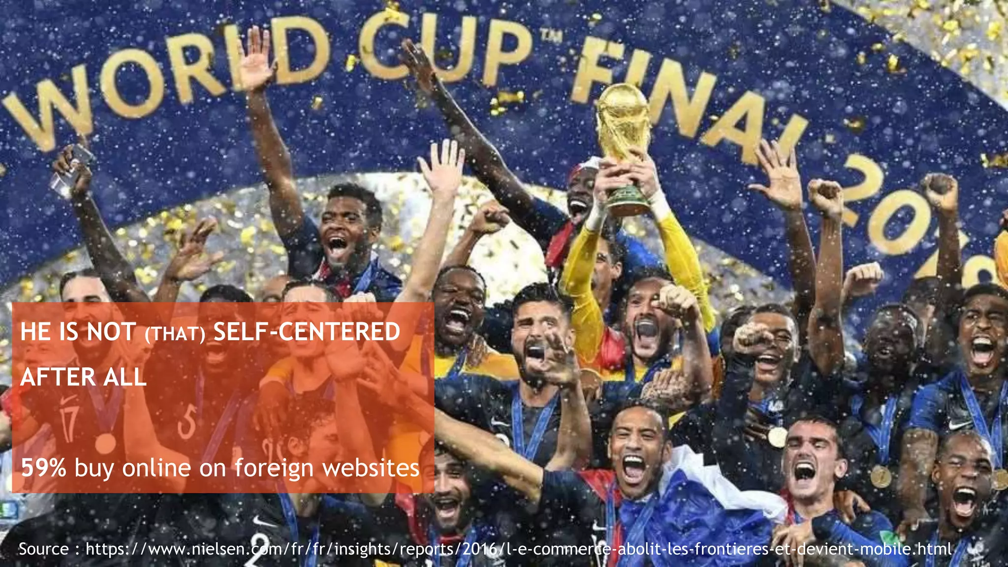 25
HE IS NOT (THAT) SELF-CENTERED
AFTER ALL
59% buy online on foreign websites
Source : https://www.nielsen.com/fr/fr/insights/reports/2016/l-e-commerce-abolit-les-frontieres-et-devient-mobile.html
 