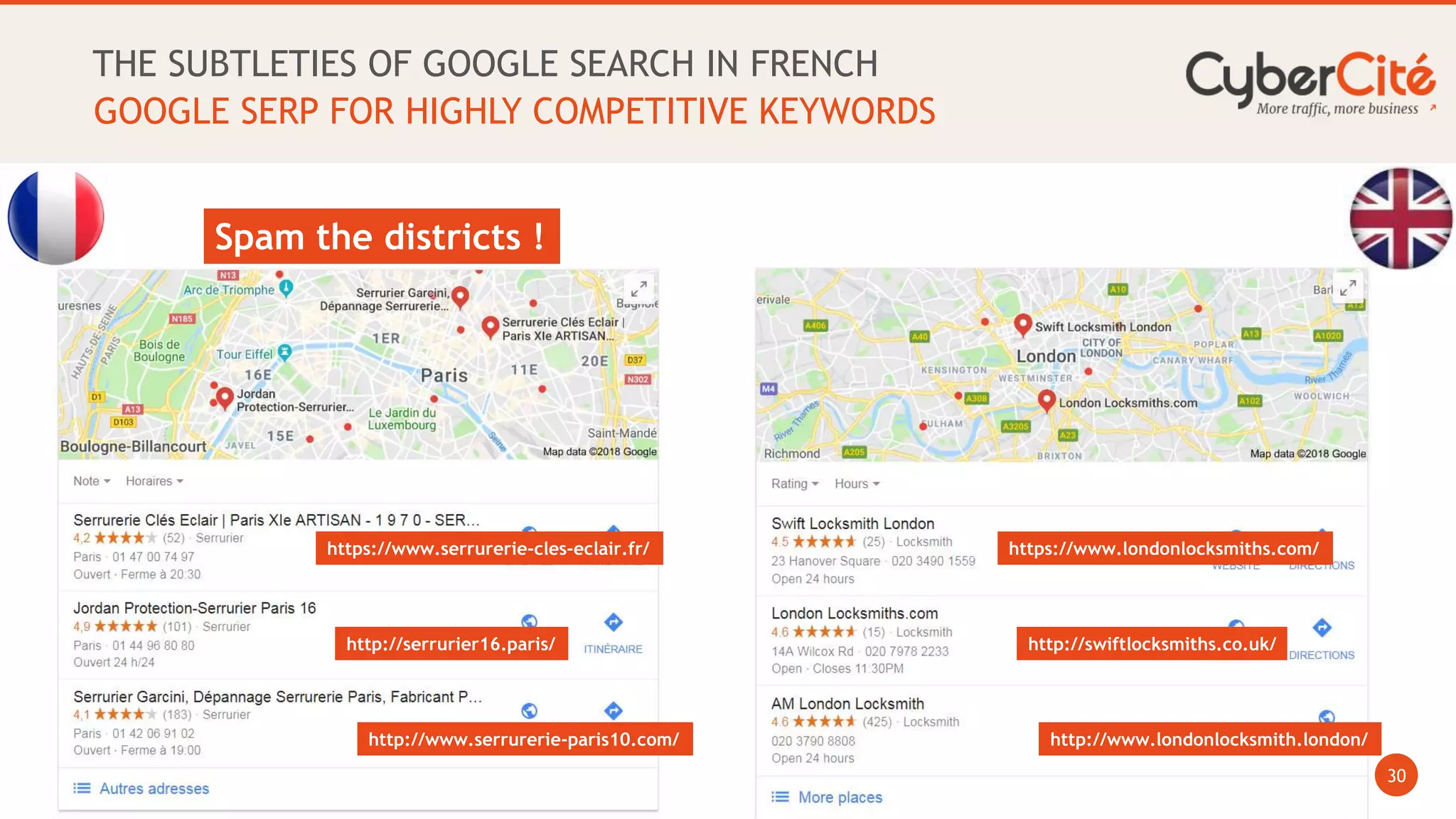 30
THE SUBTLETIES OF GOOGLE SEARCH IN FRENCH
GOOGLE SERP FOR HIGHLY COMPETITIVE KEYWORDS
https://www.serrurerie-cles-eclair.fr/
http://serrurier16.paris/
http://www.serrurerie-paris10.com/
http://swiftlocksmiths.co.uk/
https://www.londonlocksmiths.com/
http://www.londonlocksmith.london/
Spam the districts !
 