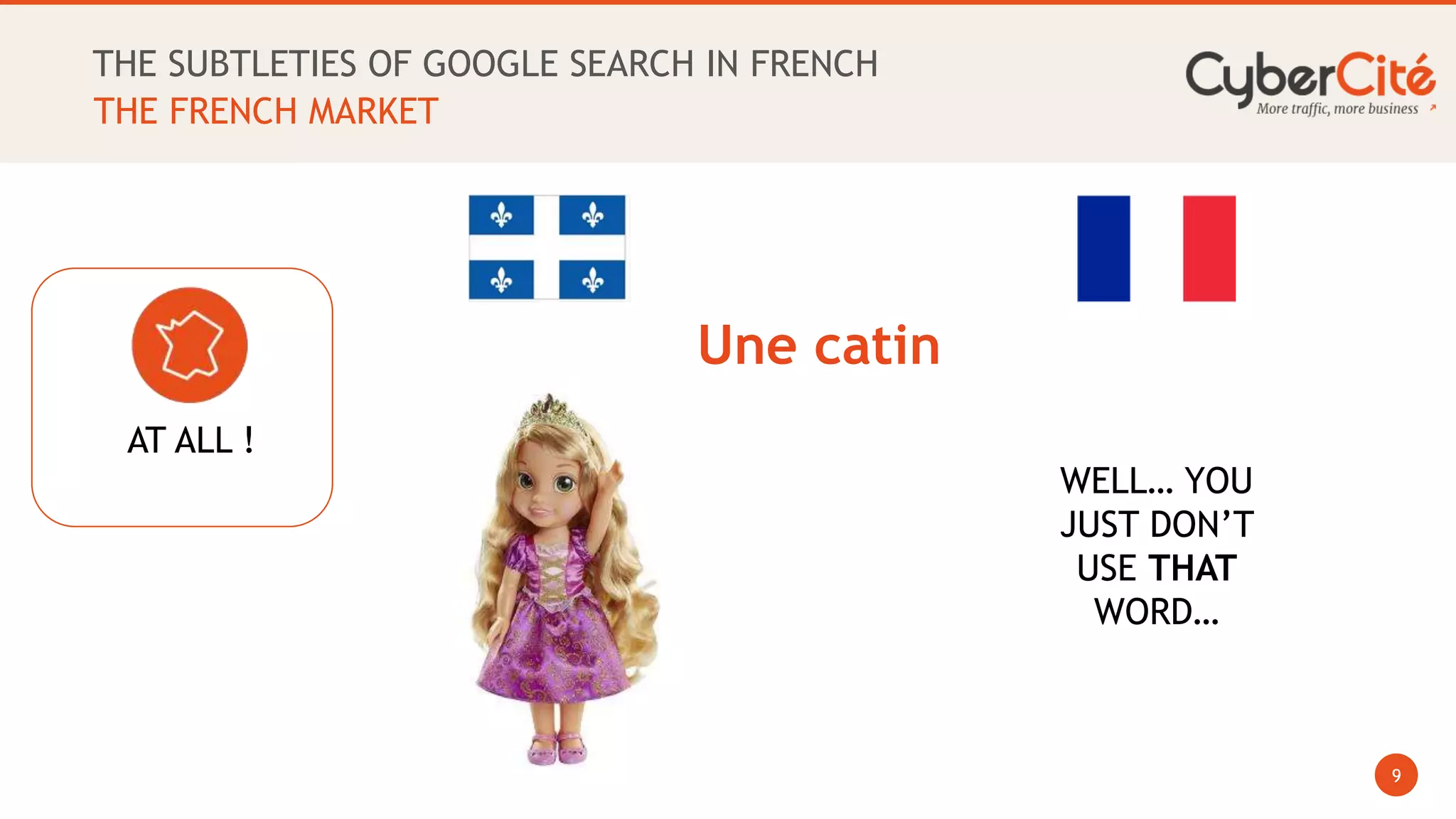 9
THE SUBTLETIES OF GOOGLE SEARCH IN FRENCH
THE FRENCH MARKET
AT ALL !
Une catin
WELL… YOU
JUST DON’T
USE THAT
WORD…
 