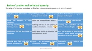 Protecting your information using
code
Installing/updating antivirus in your
computer every month
Confirm the installation of a program
that you don’t request
Saving your password in public
computers
Giving your password for any request Saving regularly your important data
Analyzing regularly your computer
from spy, viruses.
Installing anti-virus in and updating its
database at least once per week
Checking the activation of the
antivirus before surfing the net
Disabling the fire wall which slow the
connection
Asking your parents to customize the
control Internet access
After the agreement of your parents,
verifying before giving confidential
information in secured website
Analyzing your flash disk with an
antivirus before using it
Install an anti-spyware, firewall,
antiphishing softaware
Downloading a free antivirus and
installing it
Mrs. Imen Tekaya Bouaziz
• Rules of caution and technical security.
Activity : Circle what is advised to do when you use a computer connected to Internet
 