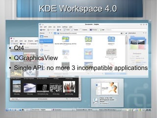 KDE Workspace 4.0



●   Qt4
●   QGraphicsView
●   Single API: no more 3 incompatible applications
 