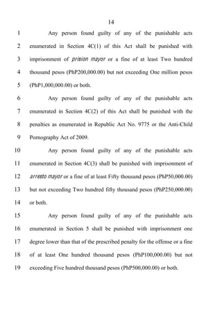 14
 1              Any person found guilty of any of the punishable acts

 2   enumerated in Section 4C(1) of this Act shall be punished with

 3   imprisonment of prision mayor or a fine of at least Two hundred

 4   thousand pesos (PhP200,000.00) but not exceeding One million pesos

 5   (PhP1,000,000.00) or both.

 6              Any person found guilty of any of the punishable acts

 7   enumerated in Section 4C(2) of this Act shall be punished with the

 8   penalties as enumerated in Republic Act No. 9775 or the Anti-Child

 9   Pornography Act of 2009.

10              Any person found guilty of any of the punishable acts

11   enumerated in Section 4C(3) shall be punished with imprisonment of

12   arresto mayor or a fine of at least Fifty thousand pesos (PhP50,000.00)

13   but not exceeding Two hundred fifty thousand pesos (PhP250,000.00)

14   or both.

15              Any person found guilty of any of the punishable acts

16   enumerated in Section 5 shall be punished with imprisonment one

17   degree lower than that of the prescribed penalty for the offense or a fine

18   of at least One hundred thousand pesos (PhP100,000.00) but not

19   exceeding Five hundred thousand pesos (PhP500,000.00) or both.
 
