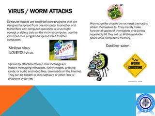 VIRUS / WORM ATTACKS
Computer viruses are small software programs that are
                                                              Worms, unlike viruses do not need the host to
designed to spread from one computer to another and
                                                              attach themselves to. They merely make
to interfere with computer operation. A virus might
                                                              functional copies of themselves and do this
corrupt or delete data on the victim’s computer, use the
                                                              repeatedly till they eat up all the available
victim’s e-mail program to spread itself to other
                                                              space on a computer’s memory.
computers

                                                                          Confiker worm
 Melissa virus
 ILOVEYOU virus

Spread by attachments in e-mail messages or
instant messaging messages, funny images, greeting
cards, or audio and video files, downloads on the Internet.
They can be hidden in illicit software or other files or
programs or games
 
