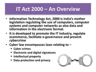 IT Act 2000 – An Overview
• Information Technology Act, 2000 is India’s mother
legislation regulating the use of computers, computer
systems and computer networks as also data and
information in the electronic format.
• It is developed to promote the IT industry, regulate
ecommerce, facilitate e-governance and prevent
cybercrime
• Cyber law encompasses laws relating to –





Cyber crimes
Electronic and digital signatures
Intellectual property
Data protection and privacy

 