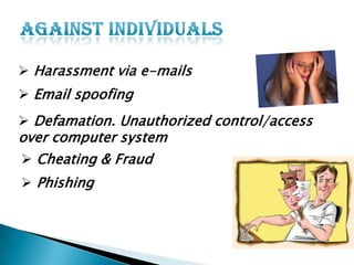  Harassment via e-mails

 Email spoofing
 Defamation. Unauthorized control/access

over computer system
 Cheating & Fraud
 Phishing

 