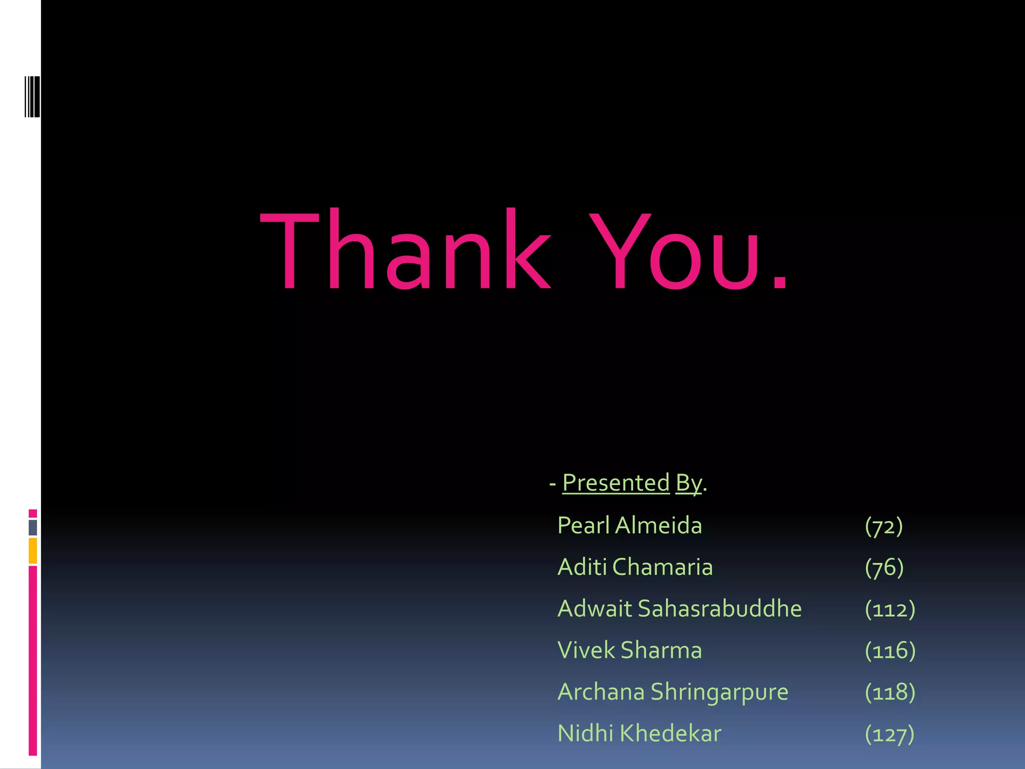 Thank You.
Pearl Almeida (72)
Aditi Chamaria (76)
Adwait Sahasrabuddhe (112)
Vivek Sharma (116)
Archana Shringarpure (118)
Nidhi Khedekar (127)
- Presented By.
 