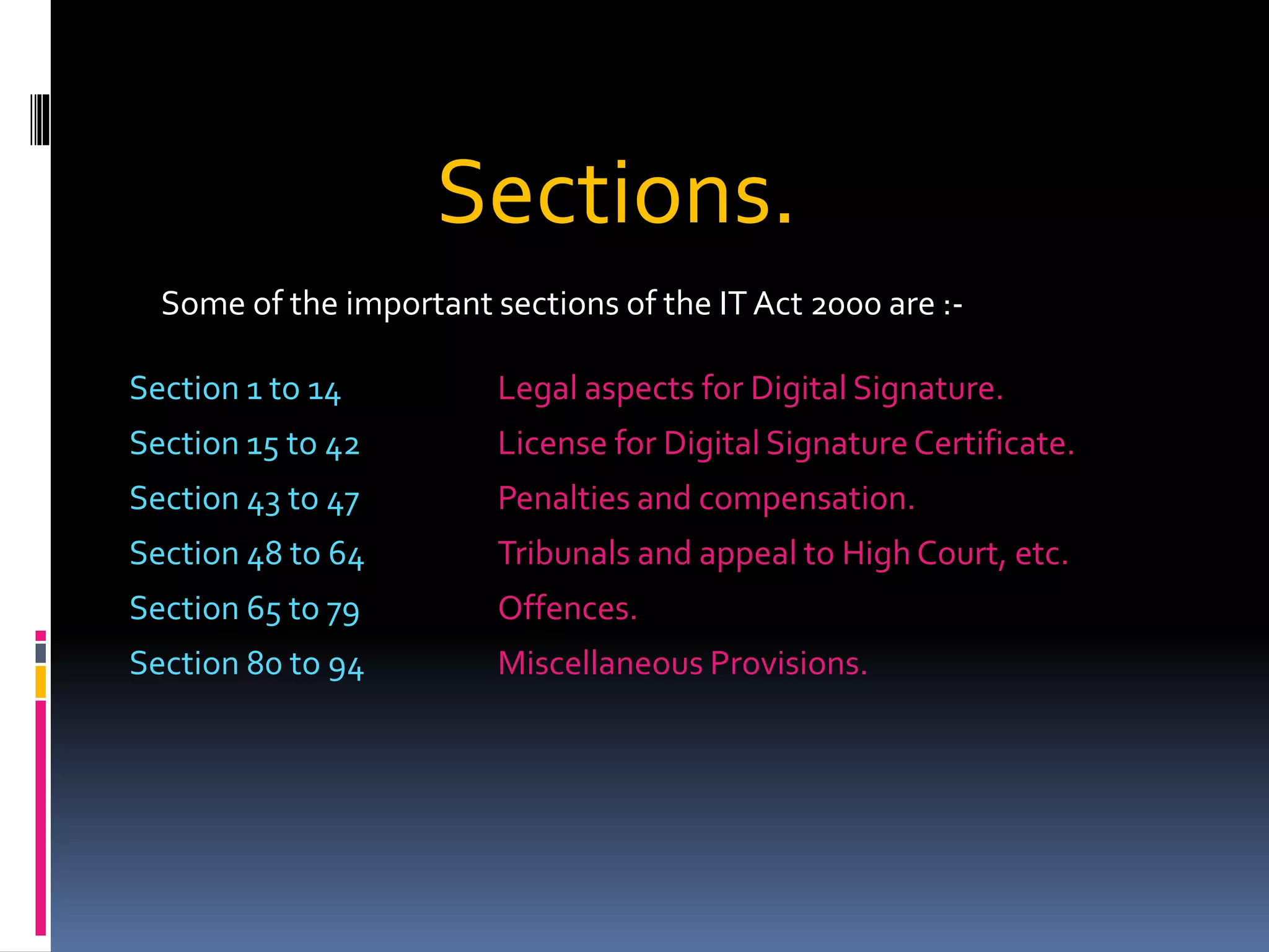 Sections.
Some of the important sections of the IT Act 2000 are :-
Section 1 to 14 Legal aspects for Digital Signature.
Section 15 to 42 License for Digital Signature Certificate.
Section 43 to 47 Penalties and compensation.
Section 48 to 64 Tribunals and appeal to High Court, etc.
Section 65 to 79 Offences.
Section 80 to 94 Miscellaneous Provisions.
 