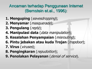 Ancaman terhadap Penggunaan Internet(Bernstein et.al., 1996): 
1. Menguping (eavesdropping); 
2. Menyamar (masquerade); 
3. Pengulang (reply); 
4. Manipulasi data (data manipulation); 
5. Kesalahan Penyampaian (misrouting); 
6. Pintu jebakan atau kuda Trojan (trapdoor); 
7. Virus (viruses); 
8. Pengingkaran (repudoition); 
9. Penolakan Pelayanan (denial of service).  