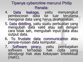 Tipenya cybercrime menurut Philip Renata: 
4.Dataleakage,yaitumenyangkutpembocorandatakeluarterutamamengenaidatayangharusdirahasiakan. 
5.Datadiddling,yaitusuatuperbuatanyangmengubahdatavalidatausahdengancaratidaksah,mengubahinputdataatauoutputdata. 
6.Tofrustatedatacommunicationataupenyia-nyiaandatakomputer. 
7.Softwarepiracy,yaitupembajakansoftwareterhadaphakciptayangdilindungiHakatasKekayaanIntelektual(HaKI).  