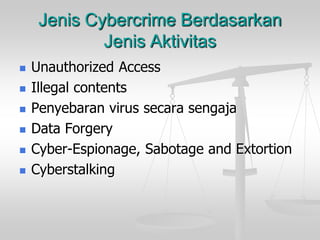 Jenis Cybercrime Berdasarkan Jenis Aktivitas 
Unauthorized Access 
Illegal contents 
Penyebaran virus secara sengaja 
Data Forgery 
Cyber-Espionage, Sabotage and Extortion 
Cyberstalking  