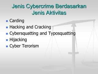 Jenis Cybercrime Berdasarkan Jenis Aktivitas 
Carding 
Hacking and Cracking 
Cybersquatting and Typosquatting 
Hijacking 
Cyber Terorism  